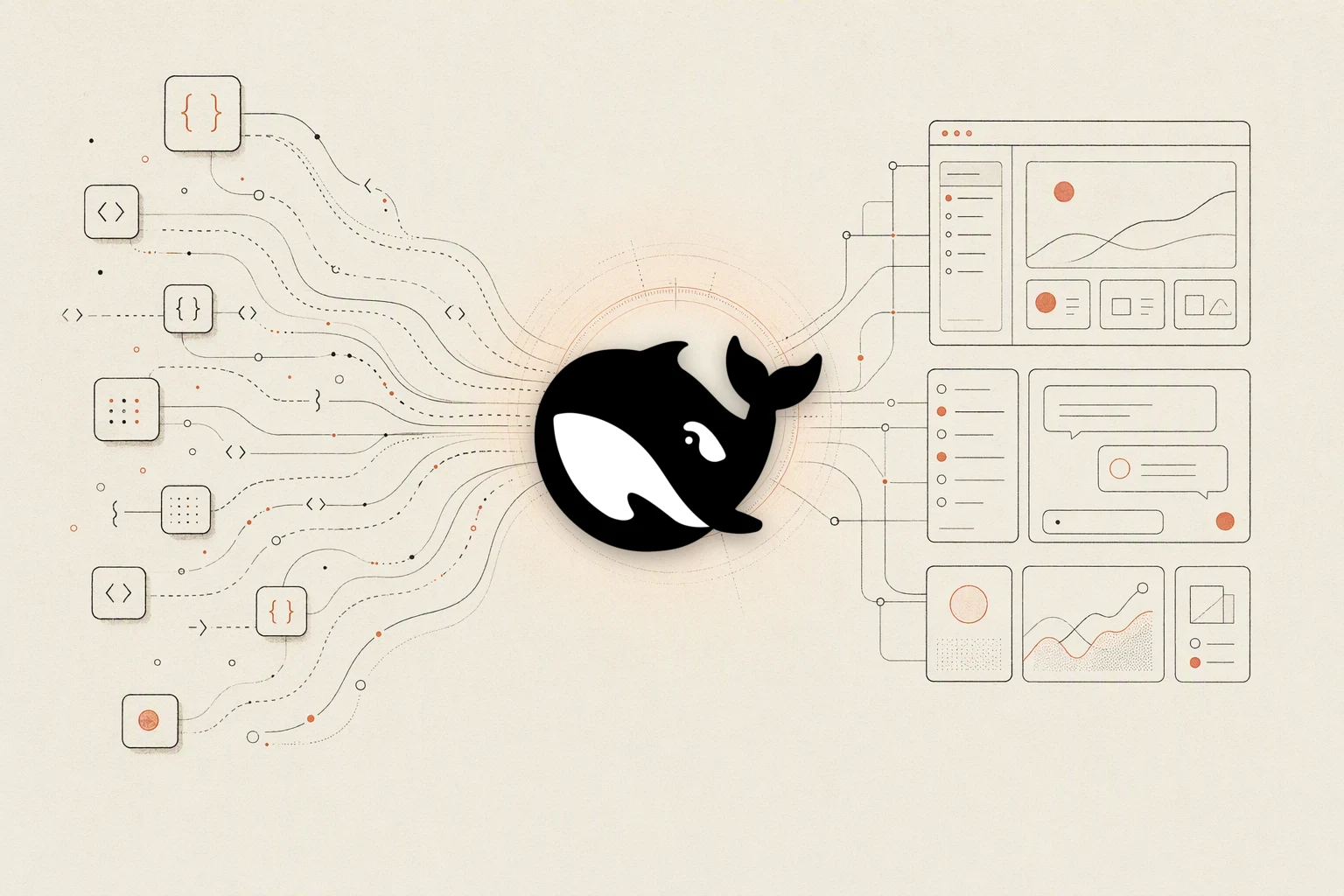 DeepSeek Harness plugin streams converging on the official DeepSeek fish mark before branching into a local design workspace